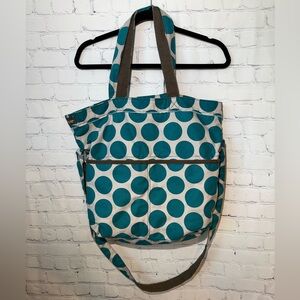 thirty-one retro metro canvas fold over crossbody/shoulder bag, teal polka dots